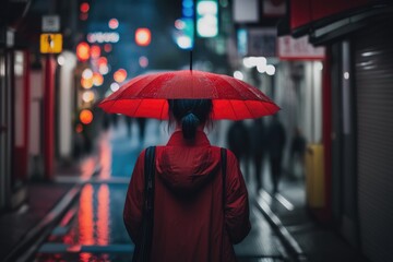 Young woman in a red coat under a red umbrella on a night street. View from the back.
