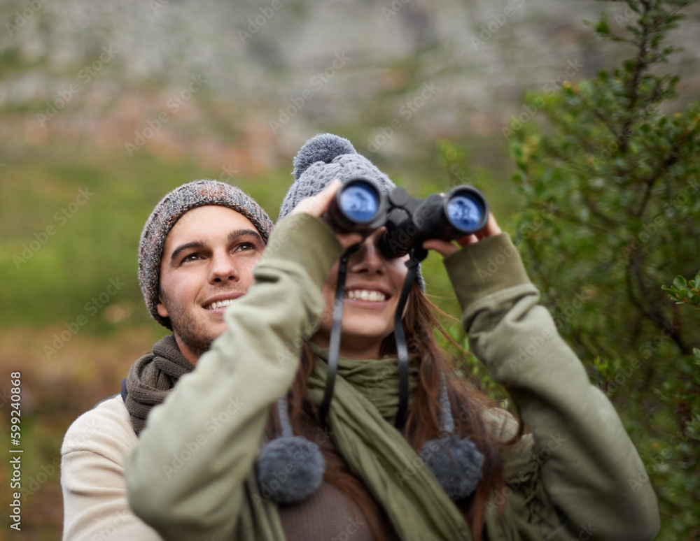 Canvas Prints Taking in the sights while hiking to the top. A young couple taking in all the scenary while enjoying a mountain hike.