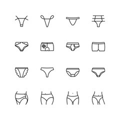 Panties icons set. Introduced pantaloons, classic, drawstrings, tanga, lace, string thongs, high waist, shorts, hipster, seamless, daring.