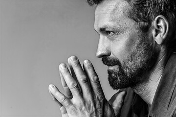 Man's brutal portrait in photo studio on white background in black and white colors. Handsome...
