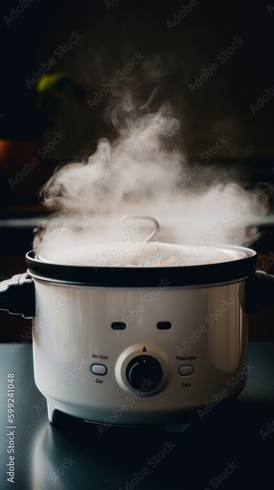 Poster a slow cooker with steam coming out of it. ai generative image. generative ai