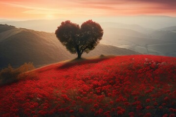 Fototapeta na wymiar Heart shaped tree on a hill covered with poppies at sunset. Mountains in the background.