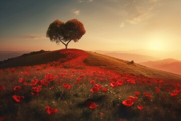 Heart shaped tree on a hill covered with poppies at sunset. Mountains in the background.