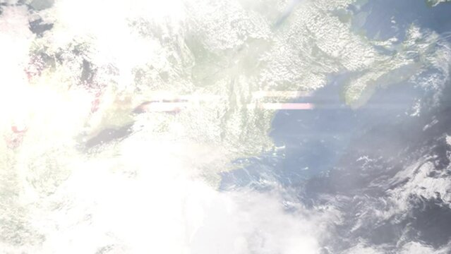 Earth zoom in from outer space to city. Zooming on Troy, New York, USA. The animation continues by zoom out through clouds and atmosphere into space. Images from NASA