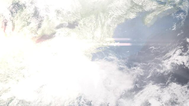 Earth zoom in from outer space to city. Zooming on Long Beach, New York, USA. The animation continues by zoom out through clouds and atmosphere into space. Images from NASA