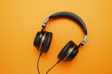 Retro old-fashioned headphones on vibrant orange background. Flat lay top down view.AI Generative - obrazy, fototapety, plakaty