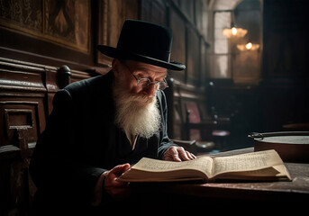 Elderly man reading sacred texts of Judaism illuminated by a candle. Jewish tradition, Jewish religion. AI Generated