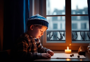 Little boy reading sacred texts of Judaism, next to a window lit by a candle. Jewish tradition, Jewish religion. AI Generated