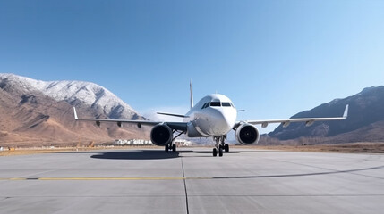 White passenger airplane at the airport on the background of high scenic mountains. Generative AI