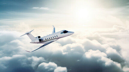 Private jet flying through the clouds in the sky. Generative AI.