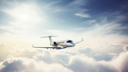 Obraz premium Private jet flying through the clouds in the sky. Generative AI.