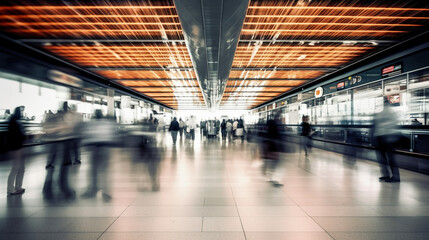 People traveling, walking through airport, motion blur, wide shot. Generative AI