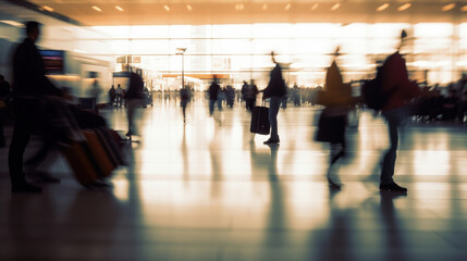 People traveling, walking through airport, motion blur, wide shot. Generative AI