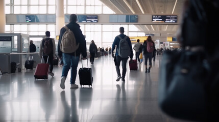 People traveling, walking through airport, motion blur, wide shot. Generative AI