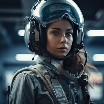 Air Force Pilot Girl In Helmet And Flight Gear, Generative AI.