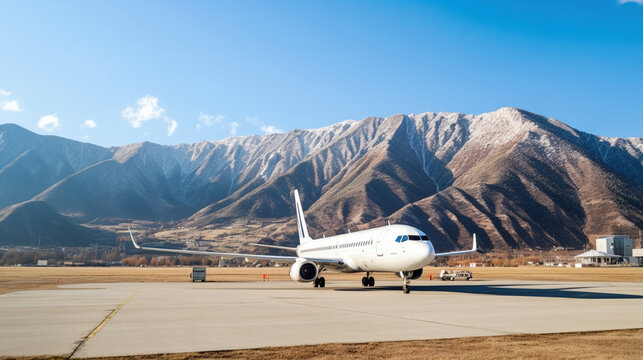 White passenger airplane at the airport on the background of high scenic mountains. Generative AI