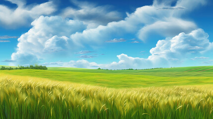 Fototapeta premium Rural landscape with wheat field on sunset. AI Generative