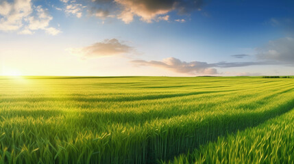 Fototapeta na wymiar Rural landscape with wheat field on sunset. AI Generative