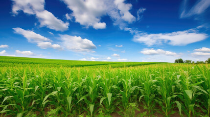 Fototapeta premium Rural landscape with wheat field on sunset. AI Generative