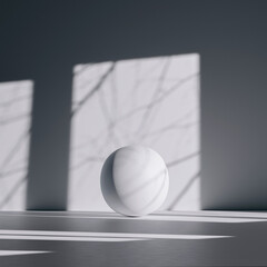 White sphere object flying in the middle of an abstract white interior background. 3d render illustration.