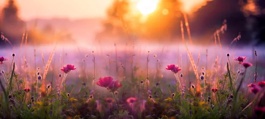 Fotobehang Weide Summer flower meadow wildflower field pink with morning sunlight, Idyllic spring background with blossoming lilac bushes flowers and pink wildflowers on meadow. Pink morning clouds on blue sky over 
