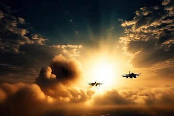 Military jet and supersonic aircraft in the sky, generative AI.