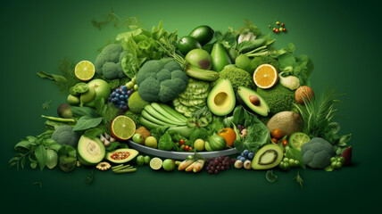 Healthy food clean eating selection: fruit, vegetable, seeds, superfood, cereal, leaf vegetable on gray concrete background