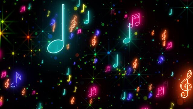 abstract multi-colored various music note shape particles in flat style. moving pass camera. light ray glowing shimmer radiance. random size scaling. Modern background. motion design. Loopable.LED 4K