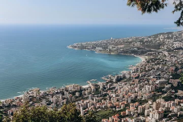 Zelfklevend behang Historisch monument View from the village of Harissa to neighboring coastal cities in Lebanon