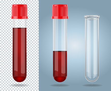 Three 3 dimensional transparent glass test tubes. Two test tubes with red liquid and one is empty. Vector Illustration.