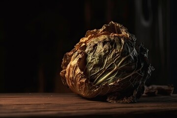 Fototapeta premium Rotten cabbage on a wooden table. Dim studio light. Generate AI. 