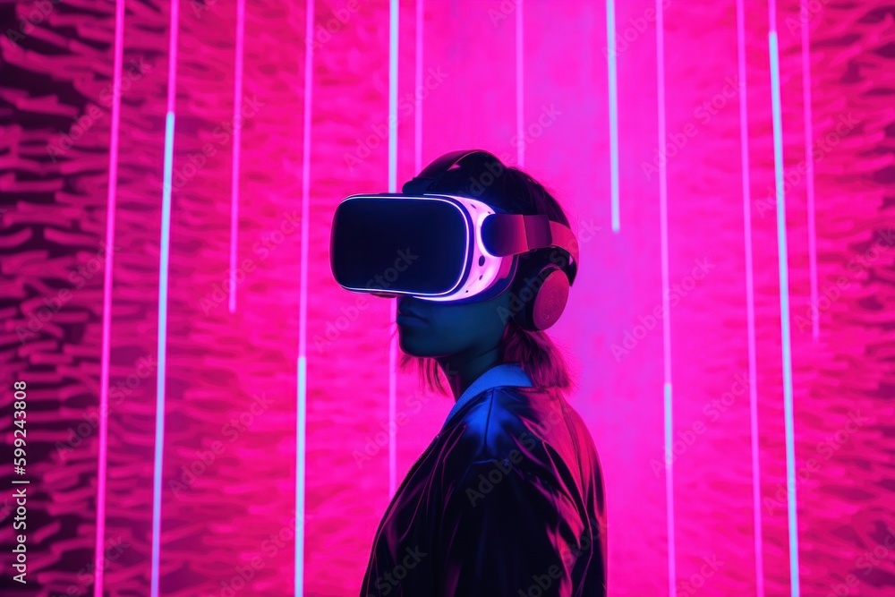 Aufkleber a person wearing a virtual reality headset in front of a pink background. ai generative image. gener