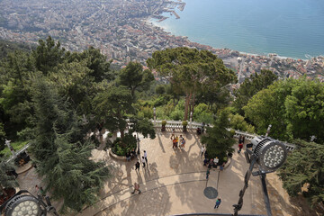 Harissa, Lebanon — 24.04.2023: View from the The Shrine of Our Lady of Lebanon to Harissa and the neighboring coastal cities