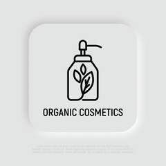 Organic cosmetics thin line icon: glass bottle with dispenser and leaf sign. Modern vector illustration for beauty shop.