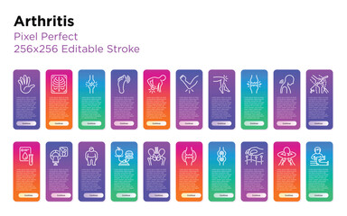 Arthritis thin line icons set: joint damage, gout arthritis, backache, elbow pain, arthroscopy, blood test, MRI knee,excess weight, arthroplasty, synovectomy. Vector illustration, editable stroke.