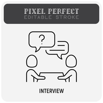 Interview thin line icon. Employment, hr, meeting, one person answers the questions. Editable stroke. Vector illustration.
