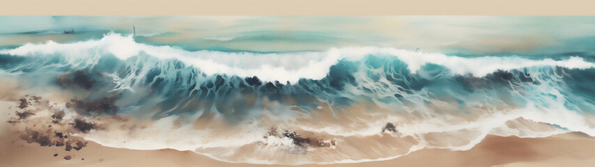 generative AI ilustration watercolor paint of a aerial top view of a beach and ocean waves