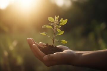 Hands holding young plant in sunshine and green background at sunset. Environment conservation, reforestation, climate change. Generative AI.