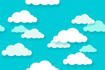 Seamless pattern with clouds on blue sky. Paper cut style vector background