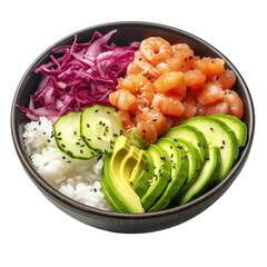 Delicious poke bowl with salmon and vegetables