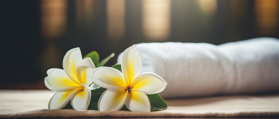Fototapeta na wymiar spa composition on massage with Soft White Towels flowers Relaxation ,digital ai art 
