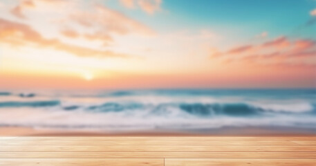 Empty wooden plank wood table top with blur pink sunset sky and sea bokeh background,summer holiday backdrop.Mock up template for display or montage of product or content use as panoramic banner ads