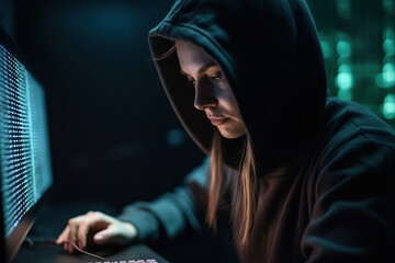 A woman in a hooded sweatshirt using a laptop computer created with Generative AI technology