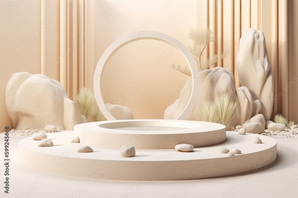 Poster Cylindrical podium with pebbles and stones with dry grass on a beige background.. Minimal scene for products showcase, Stage promotion display created with Generative AI.