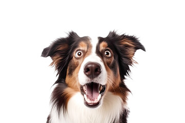 Close-up Funny Surprised Dog with Huge Eyes Portrait. AI generative. Isolated on White Background.