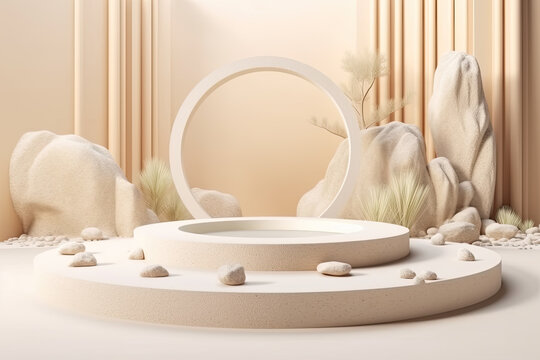 Cylindrical podium with pebbles and stones with dry grass on a beige background.. Minimal scene for products showcase, Stage promotion display created with Generative AI.