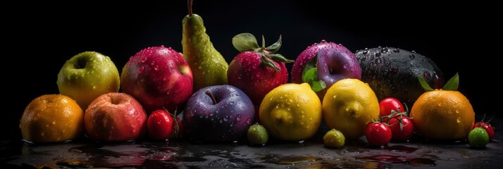 Fototapeta na wymiar a group of fruits and vegetables with drops of water. Generative ai