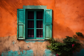 Fototapeta na wymiar old window and colorful wall, summer colors, Generative AI