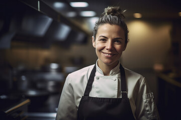 Fototapeta premium Portrait of a caucasian female chef working in a professional kitchen. Generative ai