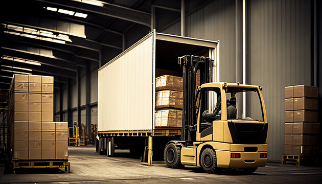 Wareneingang im Lager, Logistik, Prozess in Unternehmen Transport LKW entladen mit Gabelstapler, Generative AI 